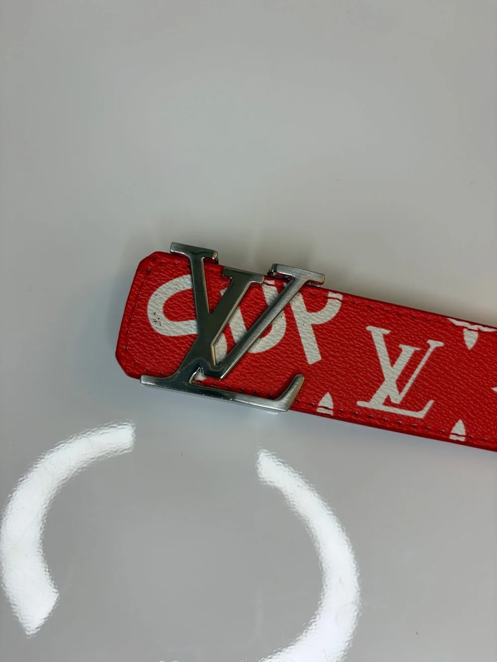 Mens Red and White Original Genuine Leather Belt Fits Waist 35-37